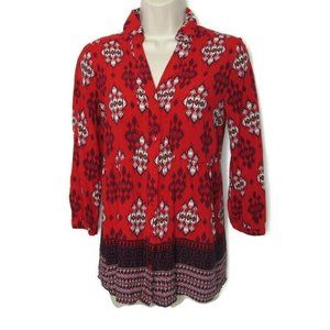 Maeve Size 2 Tribal Aztec Pattern Anthropologie Top 3/4 Sleeve Red Woodland Walk